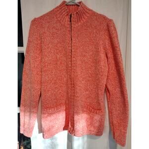 L.L. Bean Womens Medium Sweater Coral White Grandma Classic Cotton Cozy Chic